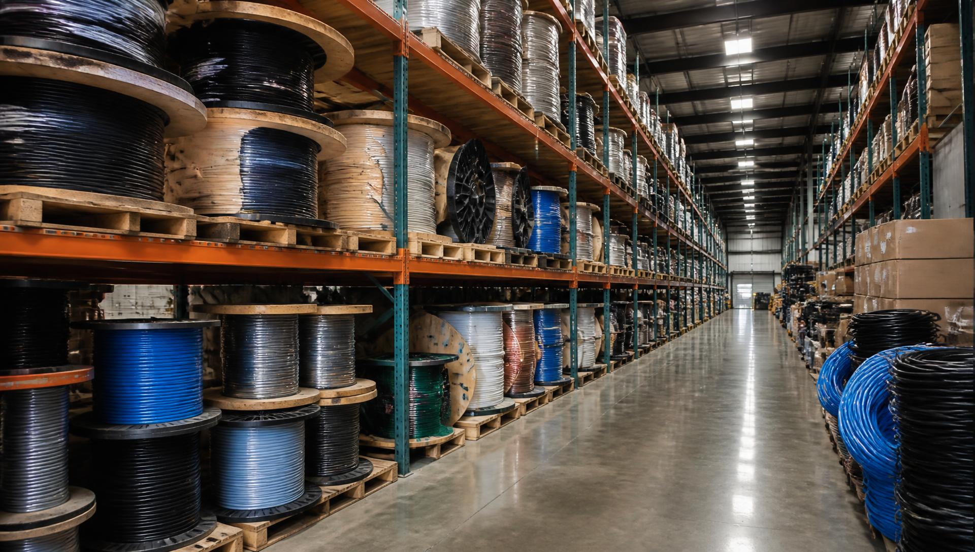 Warehouse aisle stacked with spools of bulk cable